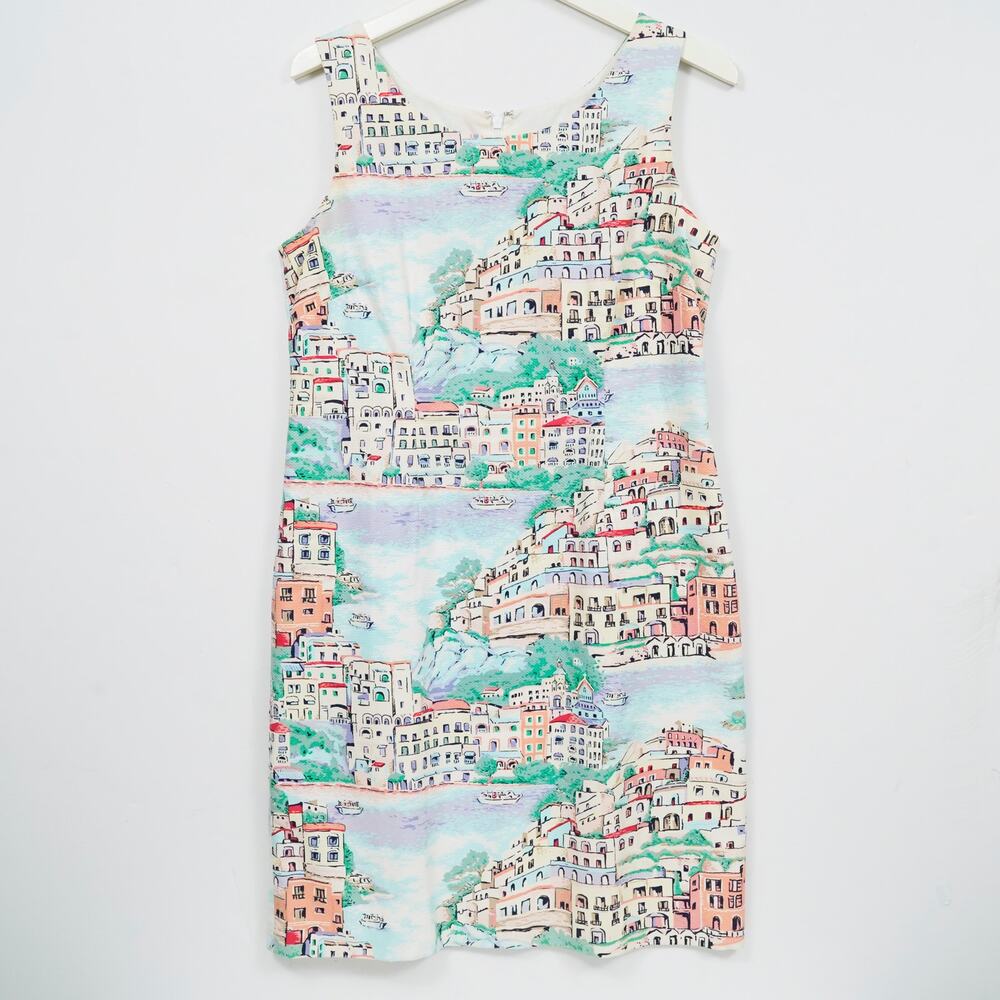 Talbots Petite Scenic Village Print Shift Dress Size 8P Sleeveless Cotton Blend